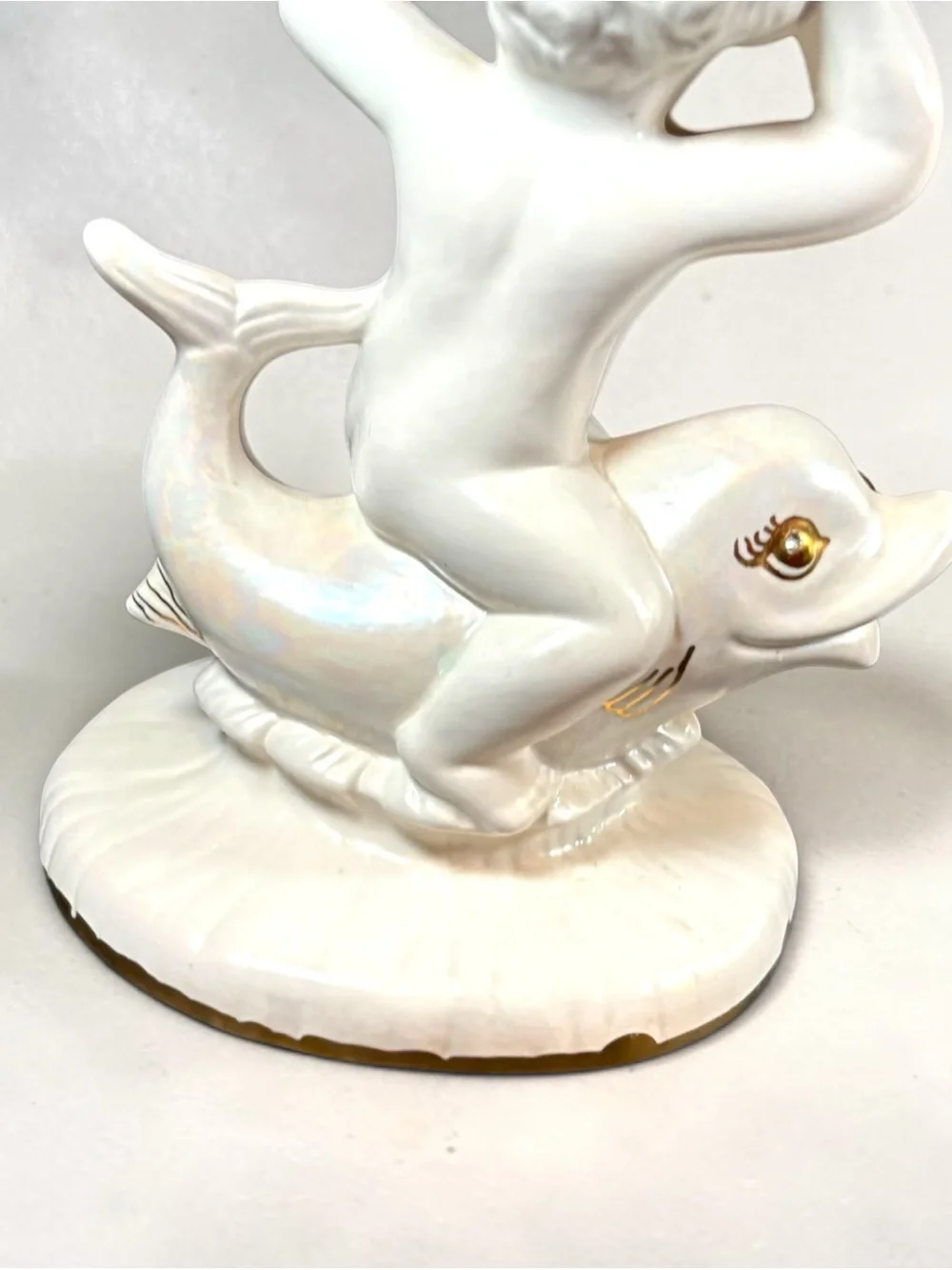 Vintage Holland Mold Ceramic Cherub Riding Dolphin Shell Dish Soap Trinket 8